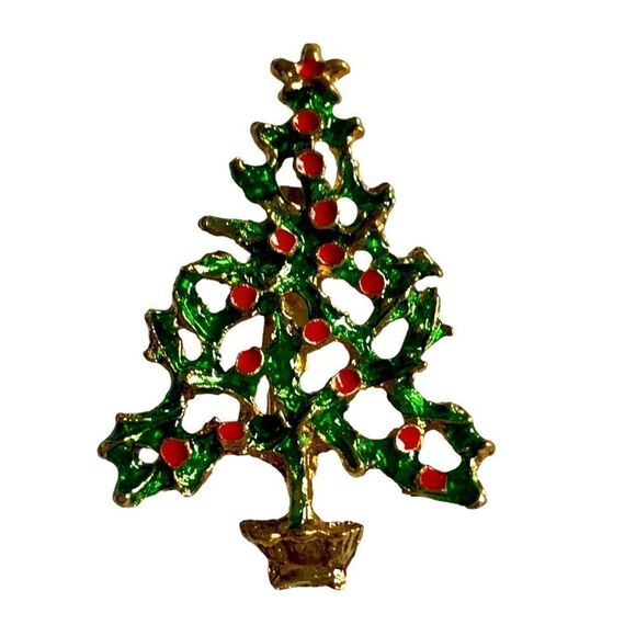 CHRISTMAS Tree Pin Brooch - Green & Red Gold Tone - Picture 2 of 3